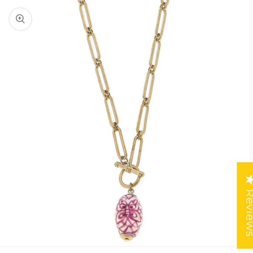 Evelyn Chinoiserie T-Bar Necklace in Pink & White